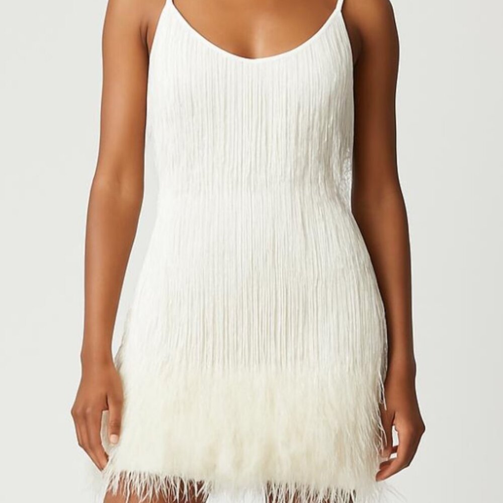 White Cocktail Dress with Fringe and Feathers!